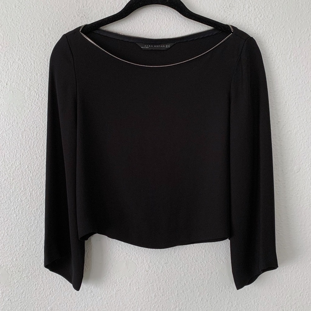 Zara draped cropped zipper detail boatneck blouse